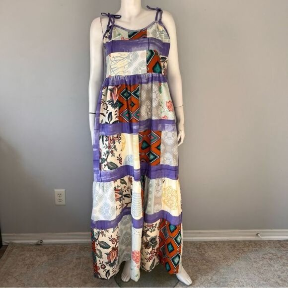 Handmade Multicolor Patchwork Tiered Sundress with Shoulder Straps Size L - Picture 7 of 10